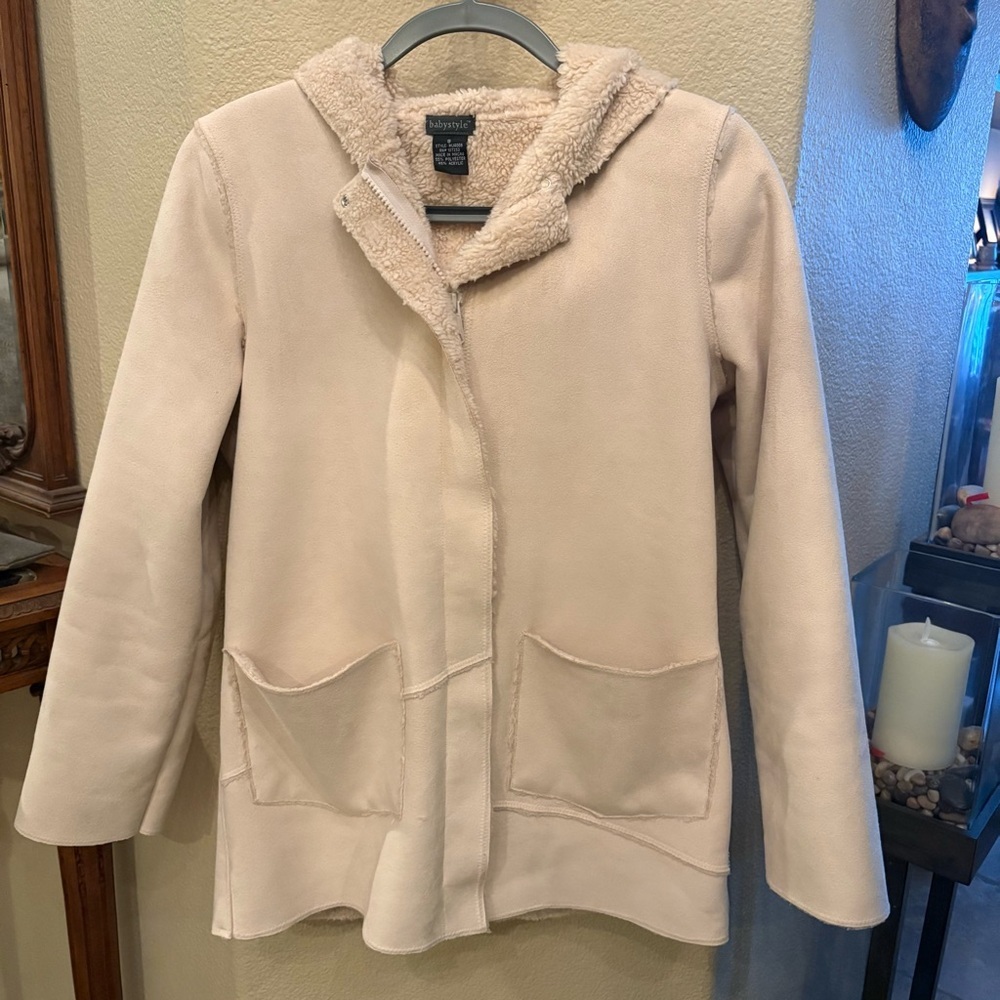 Vintage BABYSTYLE Women Maternity Ivory Faux Suede Sherpa Lined Hooded Jacket-S